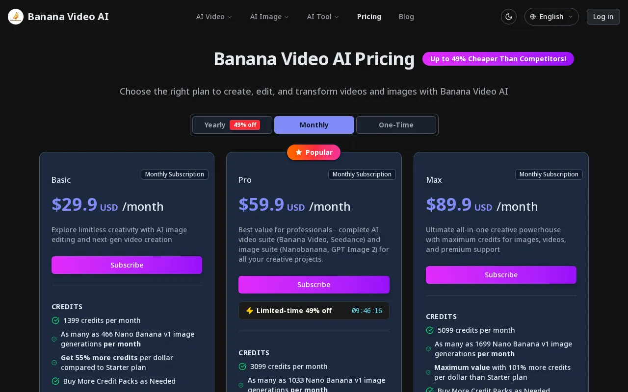 Banana Video AI — pricing page