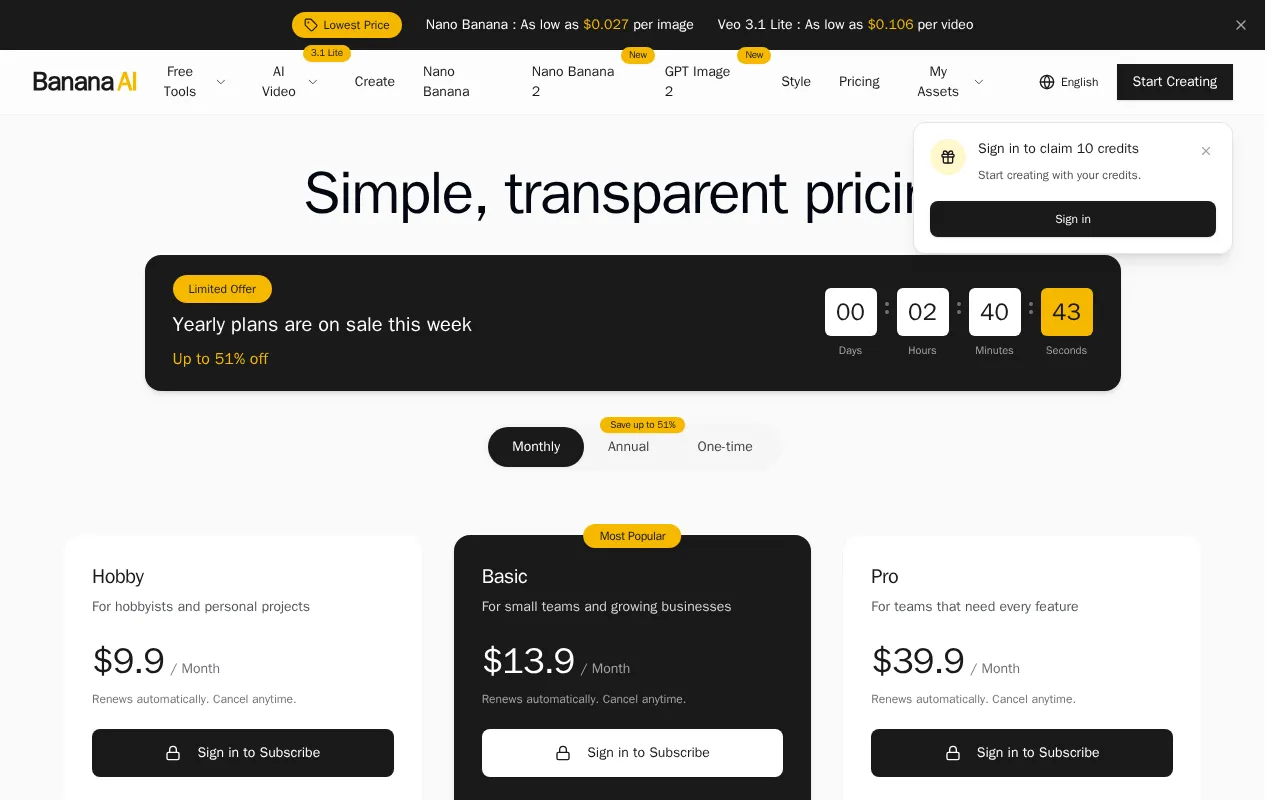 BananaAI.im — pricing page