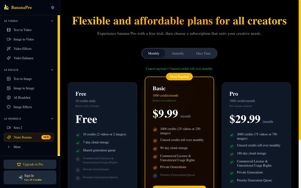 BananaPro — pricing page
