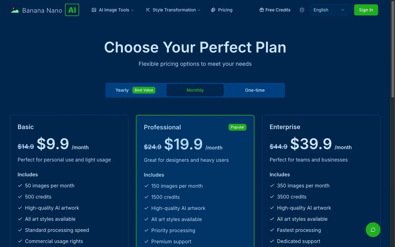 banane nano ai — pricing page