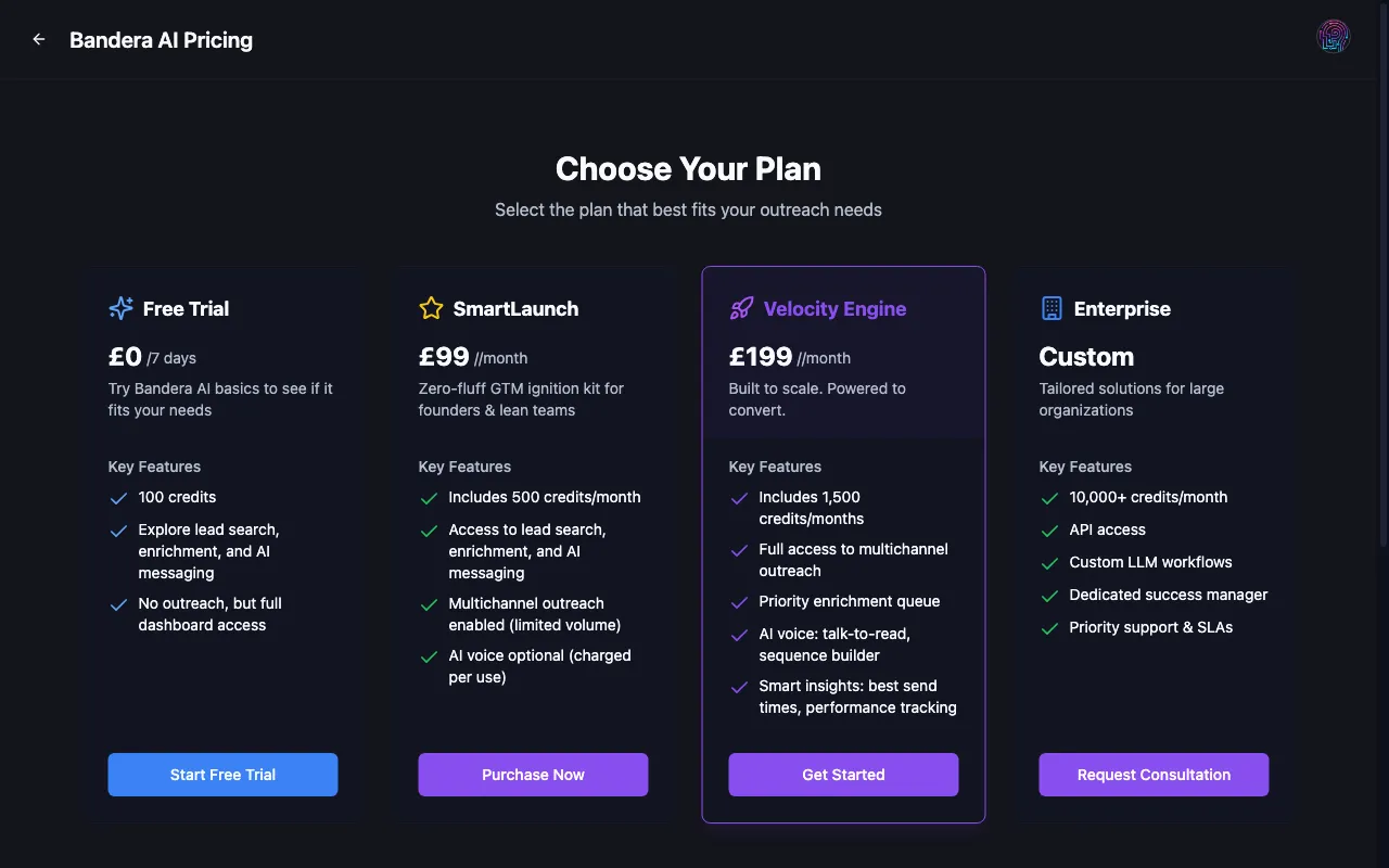 Bandera AI — pricing page