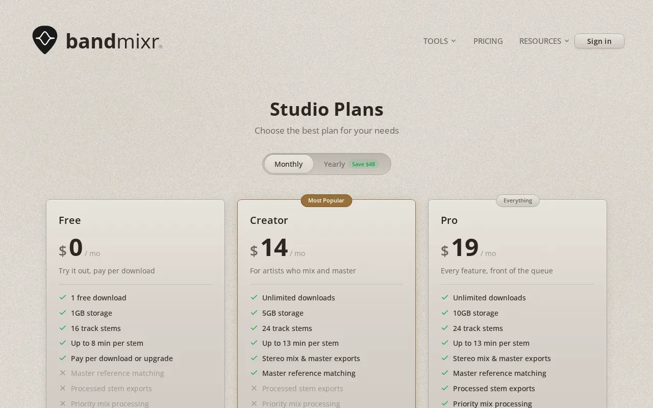 Bandmixr — pricing page