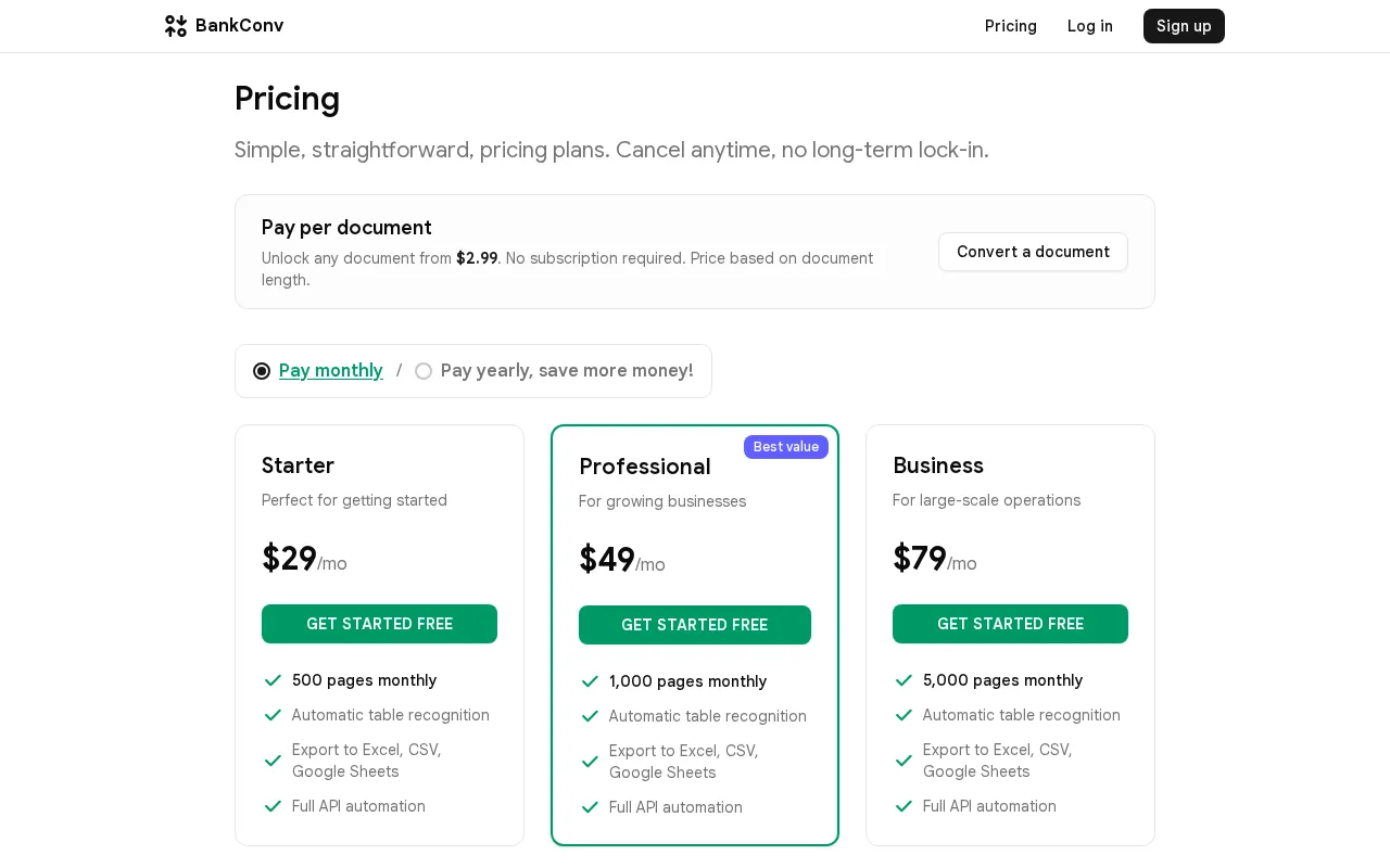 BankConv — pricing page