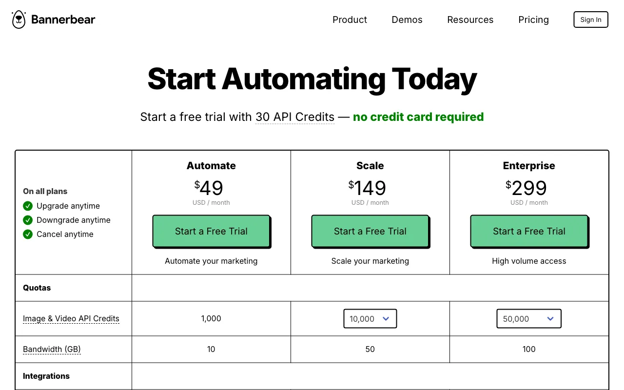 Bannerbear — pricing page