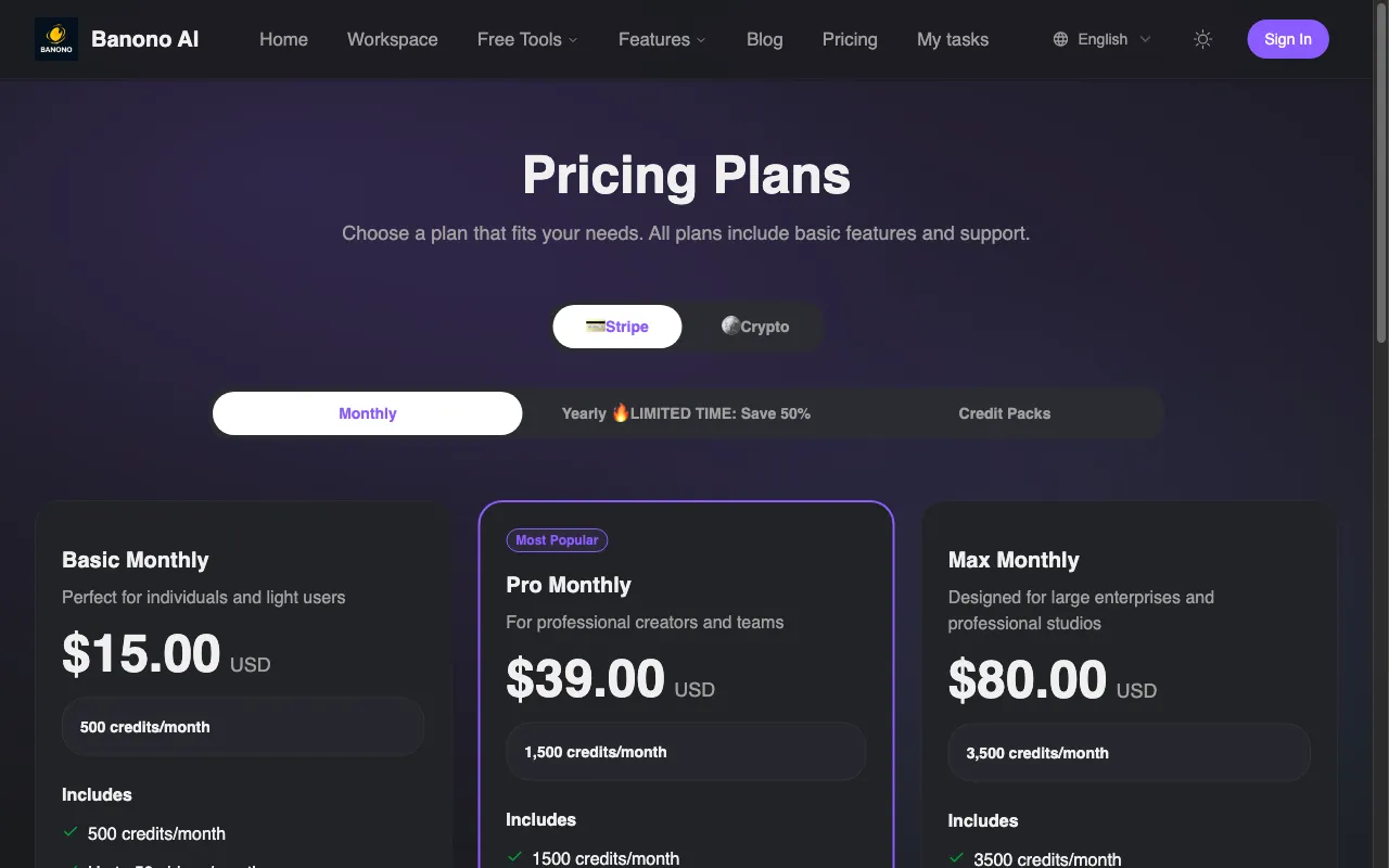Banono AI — pricing page