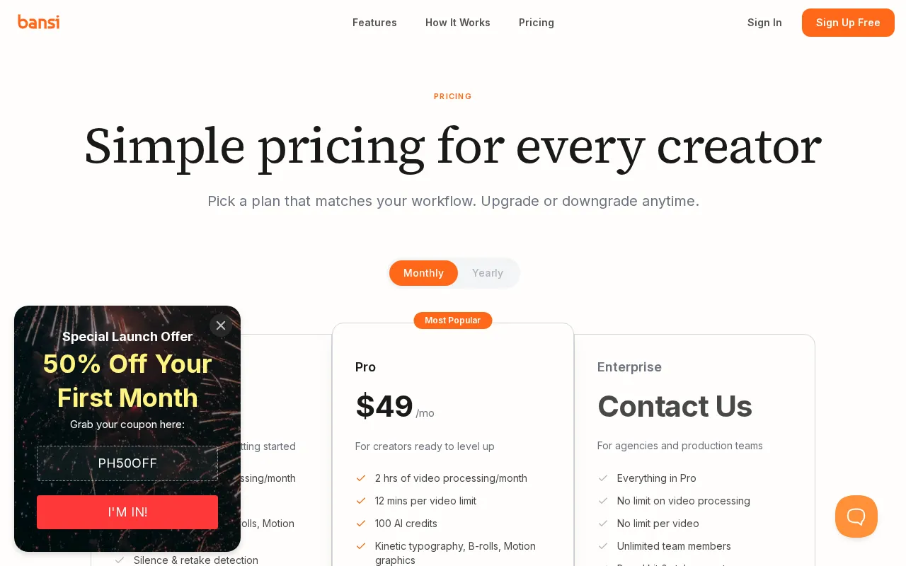 Bansi AI by Writesonic — pricing page