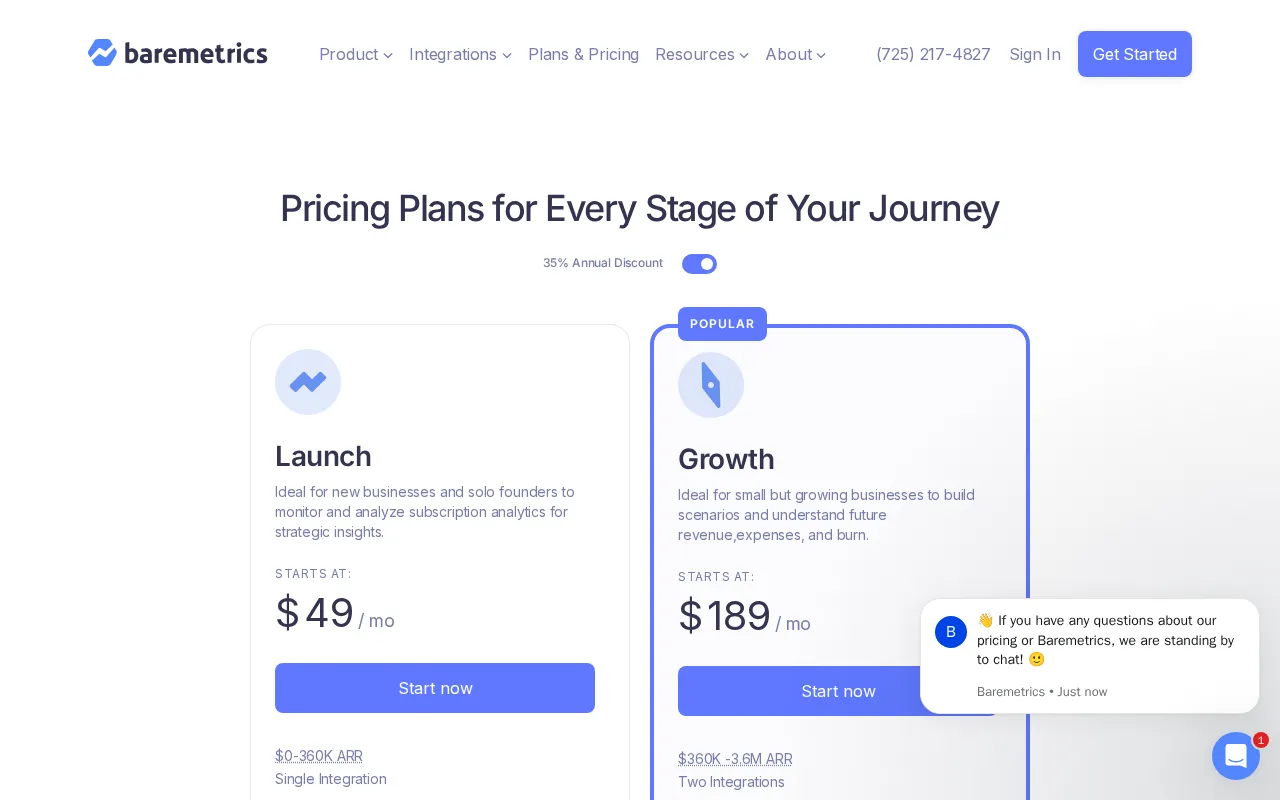 Baremetrics — pricing page