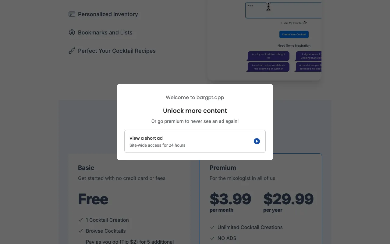 BarGPT.app — pricing page
