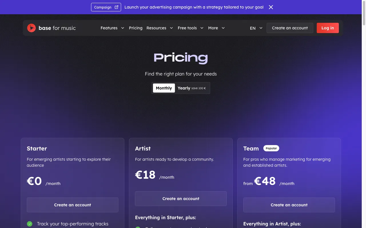 Base for Music — pricing page
