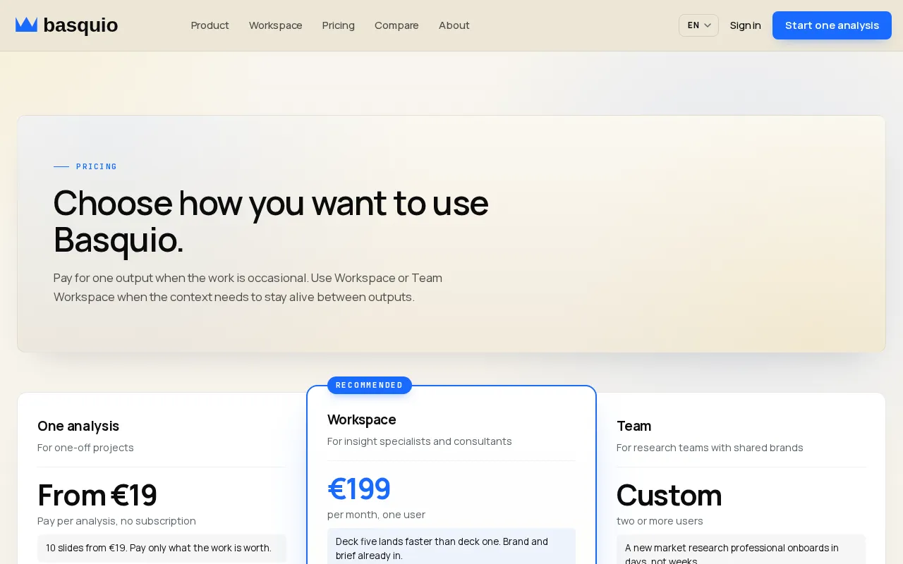 Basquio — pricing page