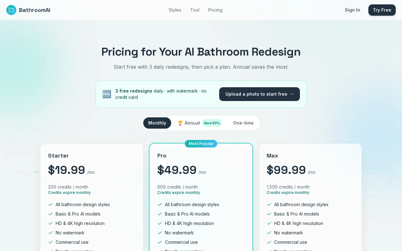BathroomAI — pricing page