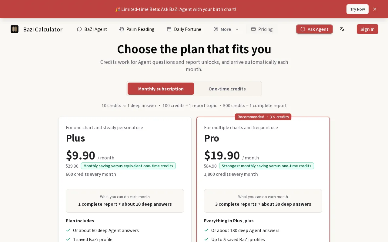 BaZi Calculator — pricing page