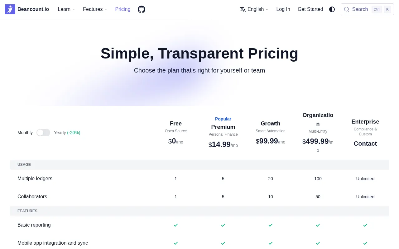 Beancount.io — pricing page