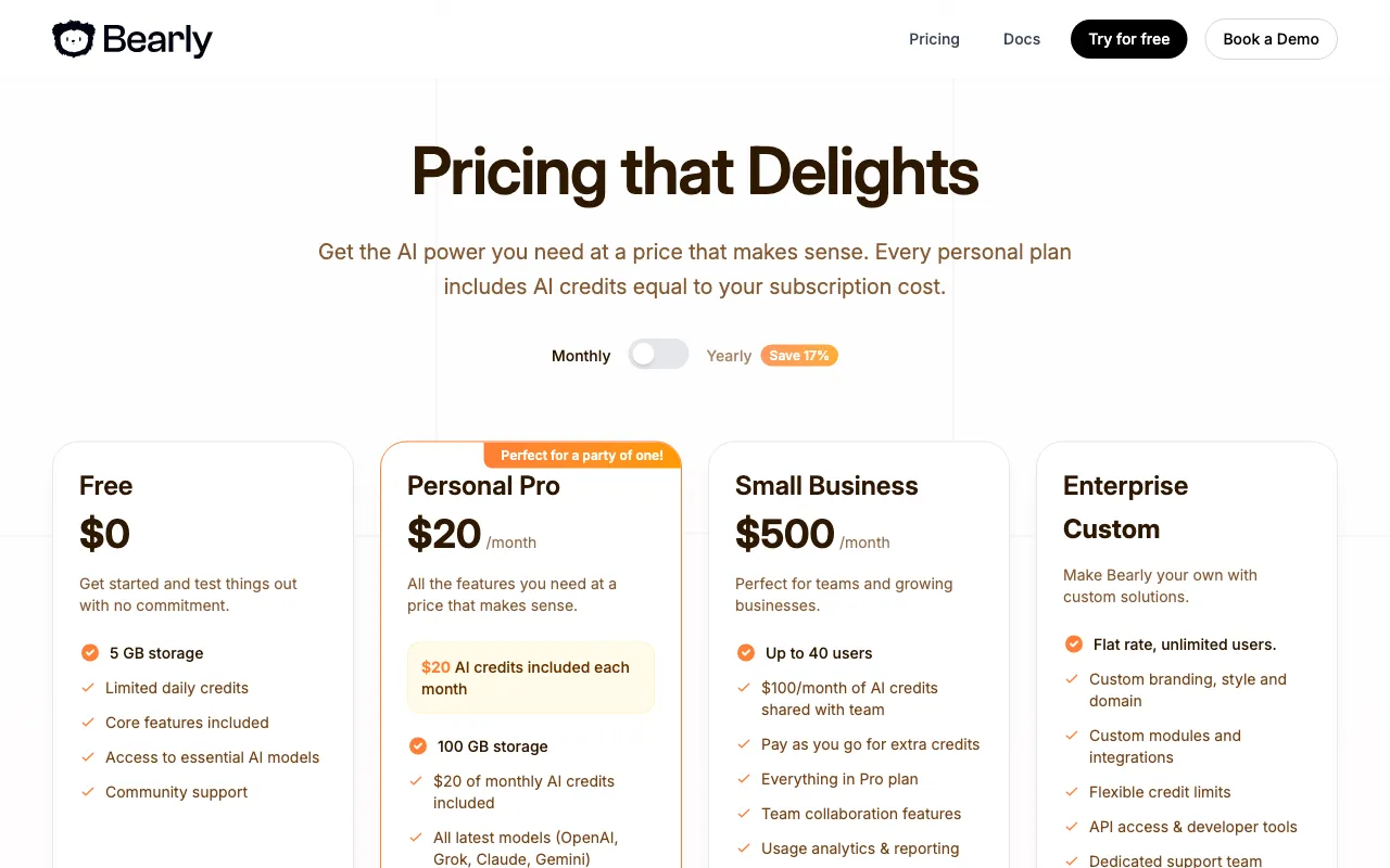 Bearly — pricing page