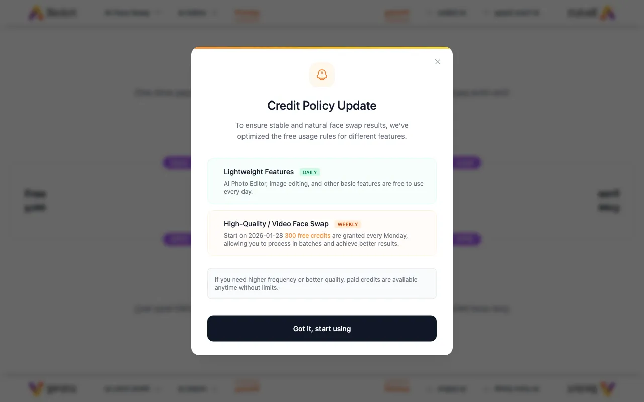 BeArt AI Face Swap — pricing page