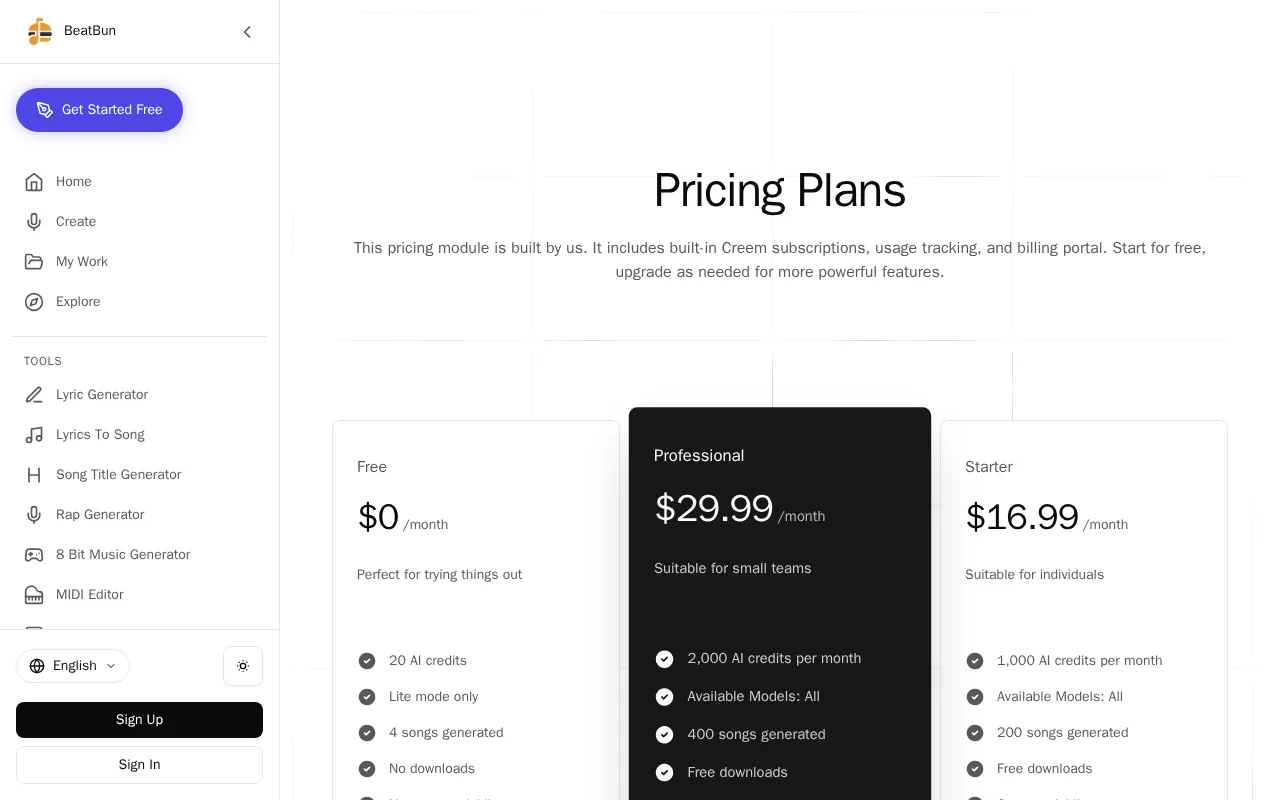 BeatBun — pricing page