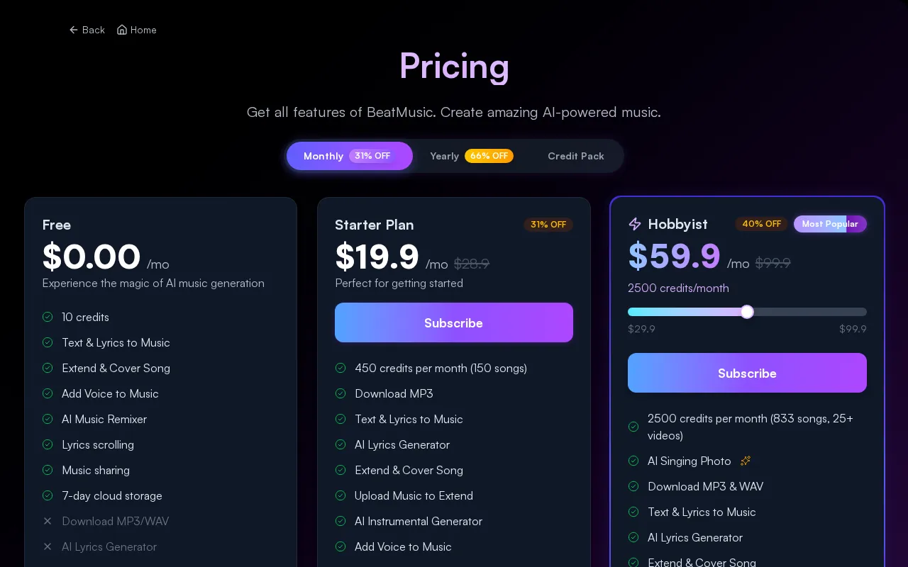 BeatMusic — pricing page