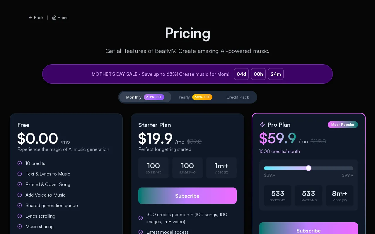 BeatMV — pricing page