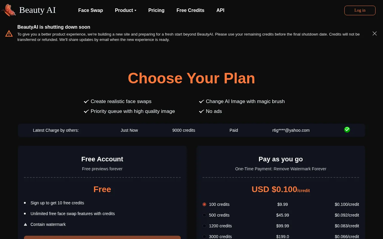Beauty AI Face Swap — pricing page