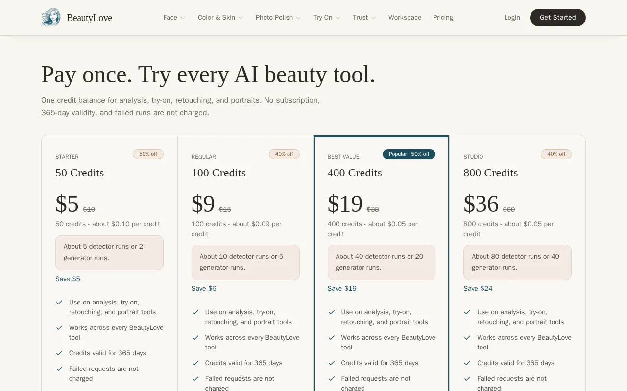BeautyLove AI — pricing page