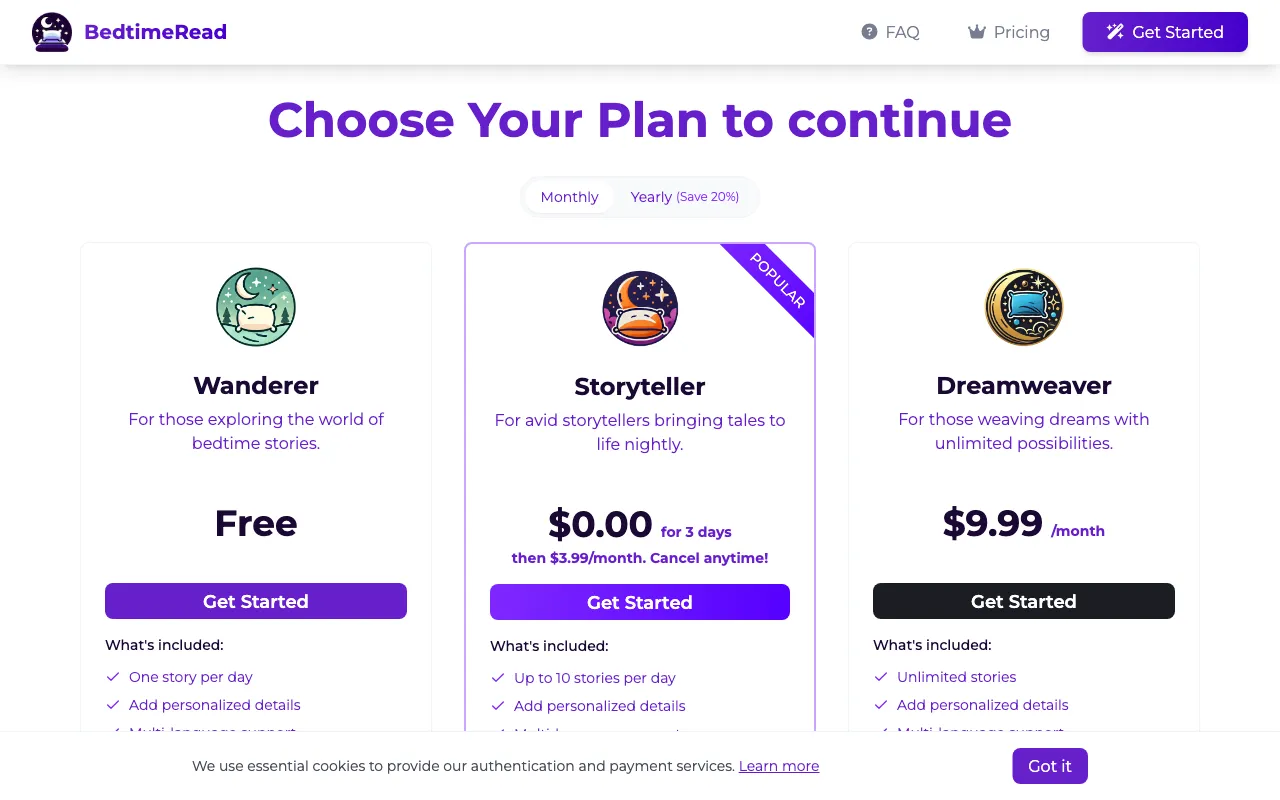BedtimeRead — pricing page