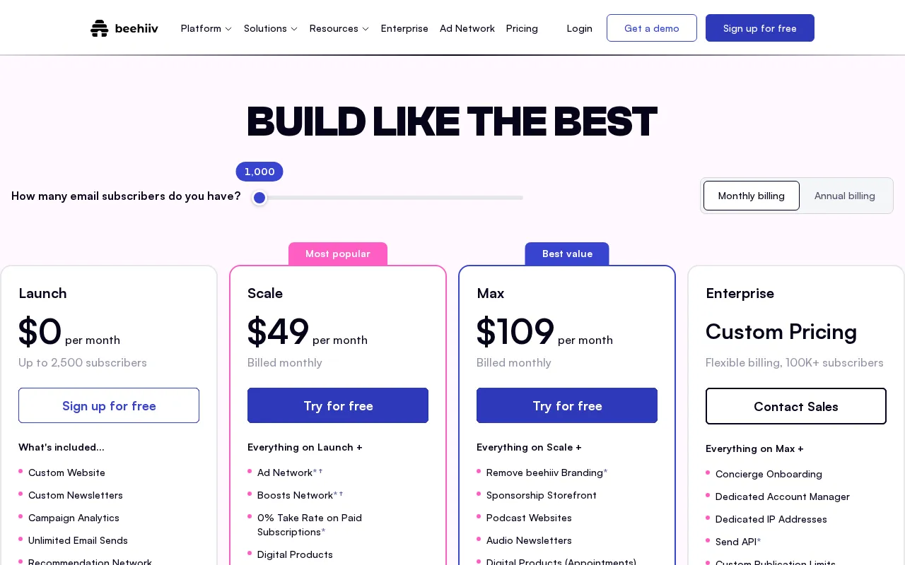 beehiiv — pricing page