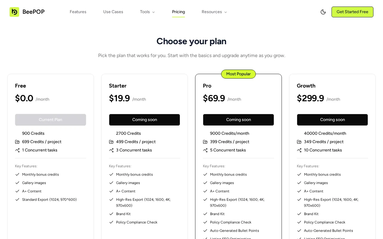 BeePOP — pricing page