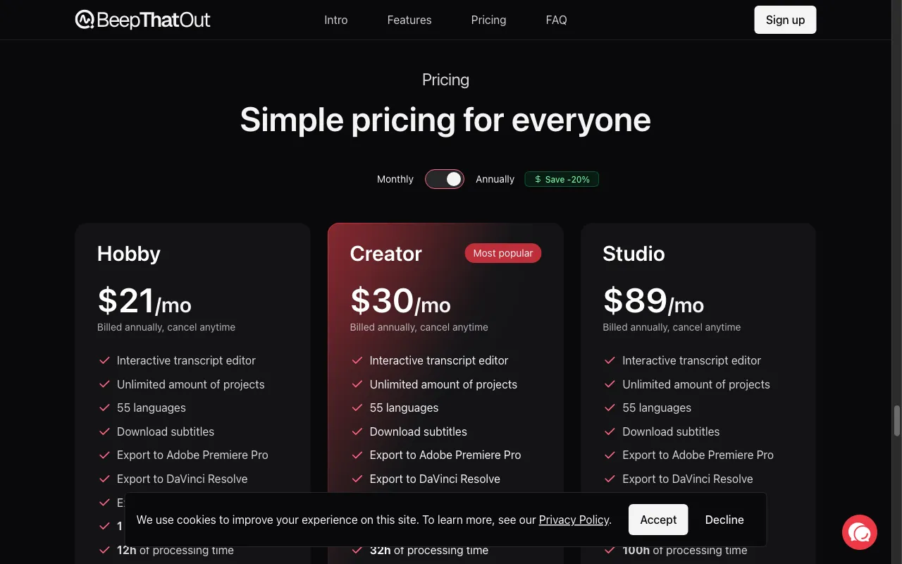 BeepThatOut — pricing page
