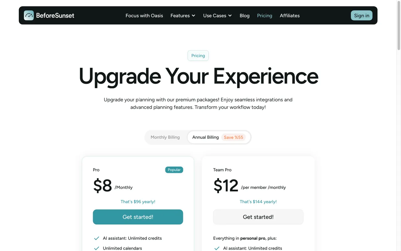 BeforeSunset — pricing page