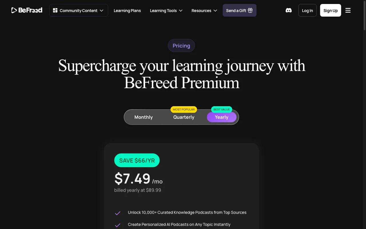 BeFreed — pricing page