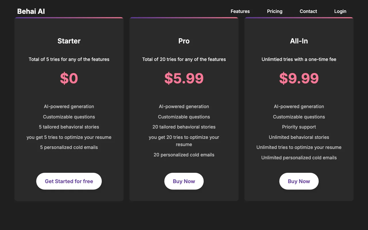 Behai AI — pricing page