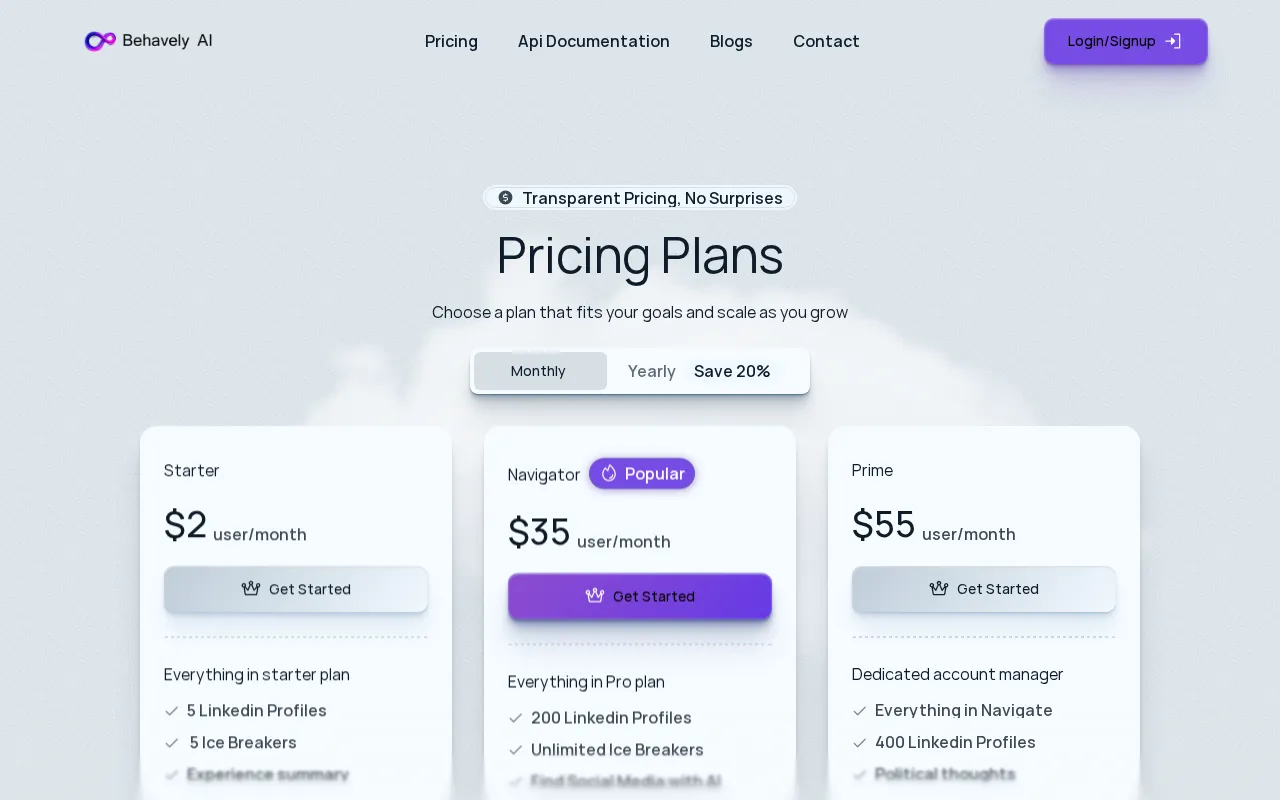 Behavely AI — pricing page