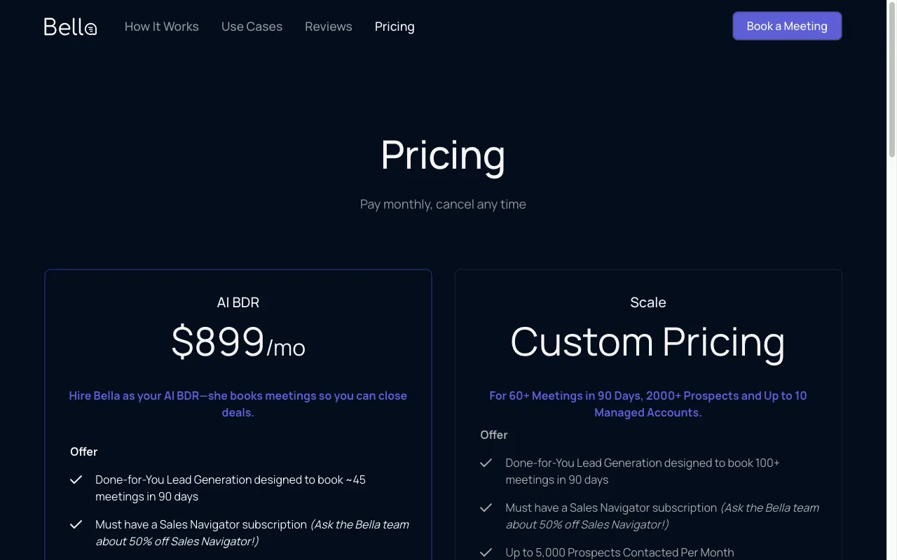 Bella — pricing page