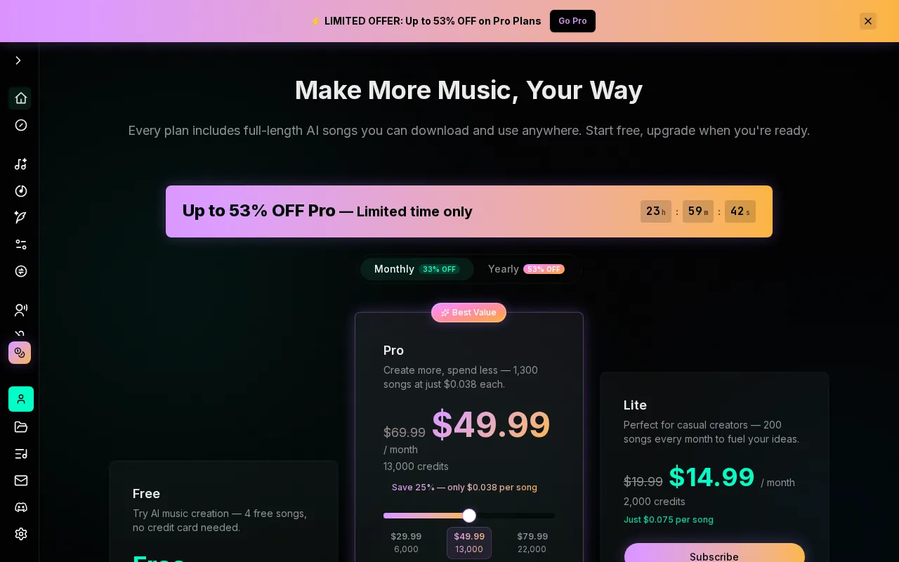 BeMusic AI — pricing page