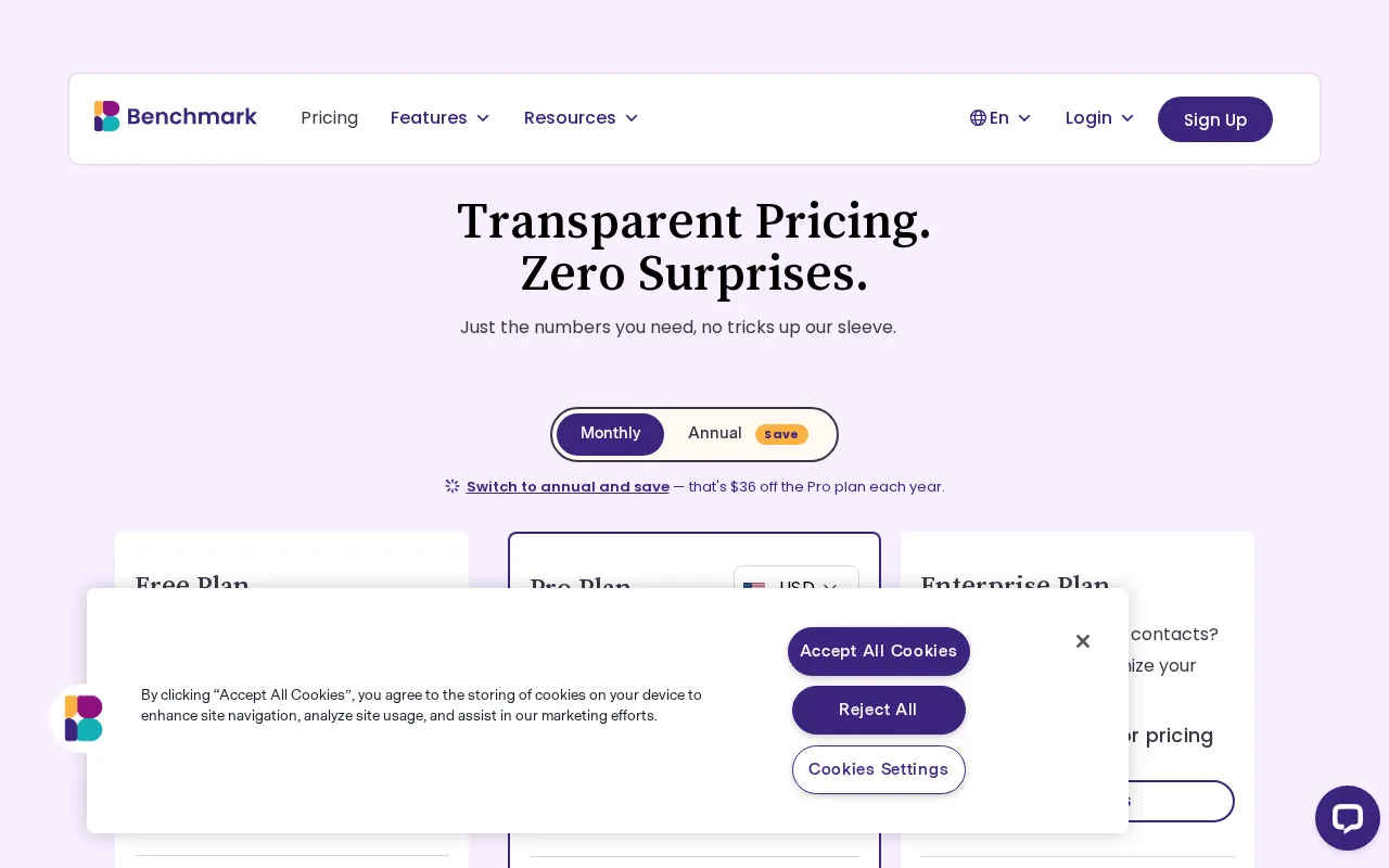 Benchmark Email — pricing page