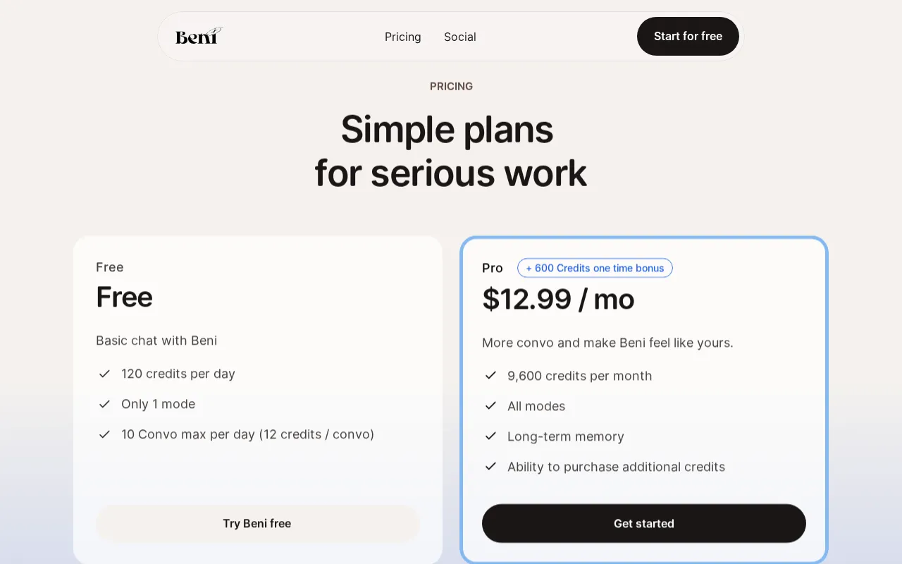 Beni AI — pricing page
