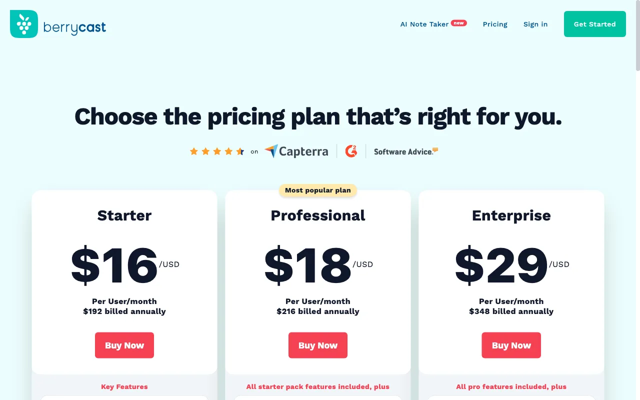Berrycast Transcripts (Powered by AI) — pricing page