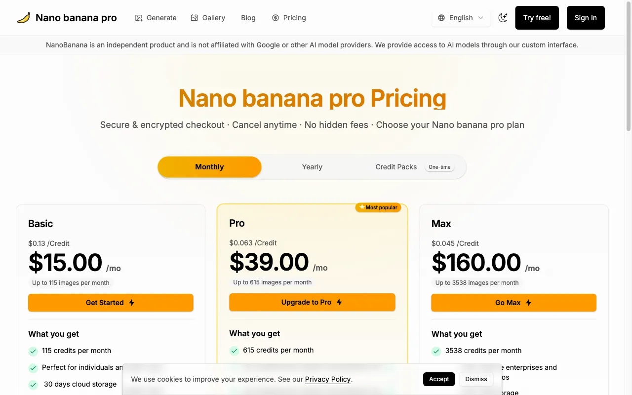 Best Nano Banana Pro — pricing page