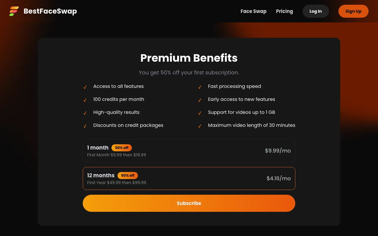 BestFaceSwap AI — pricing page