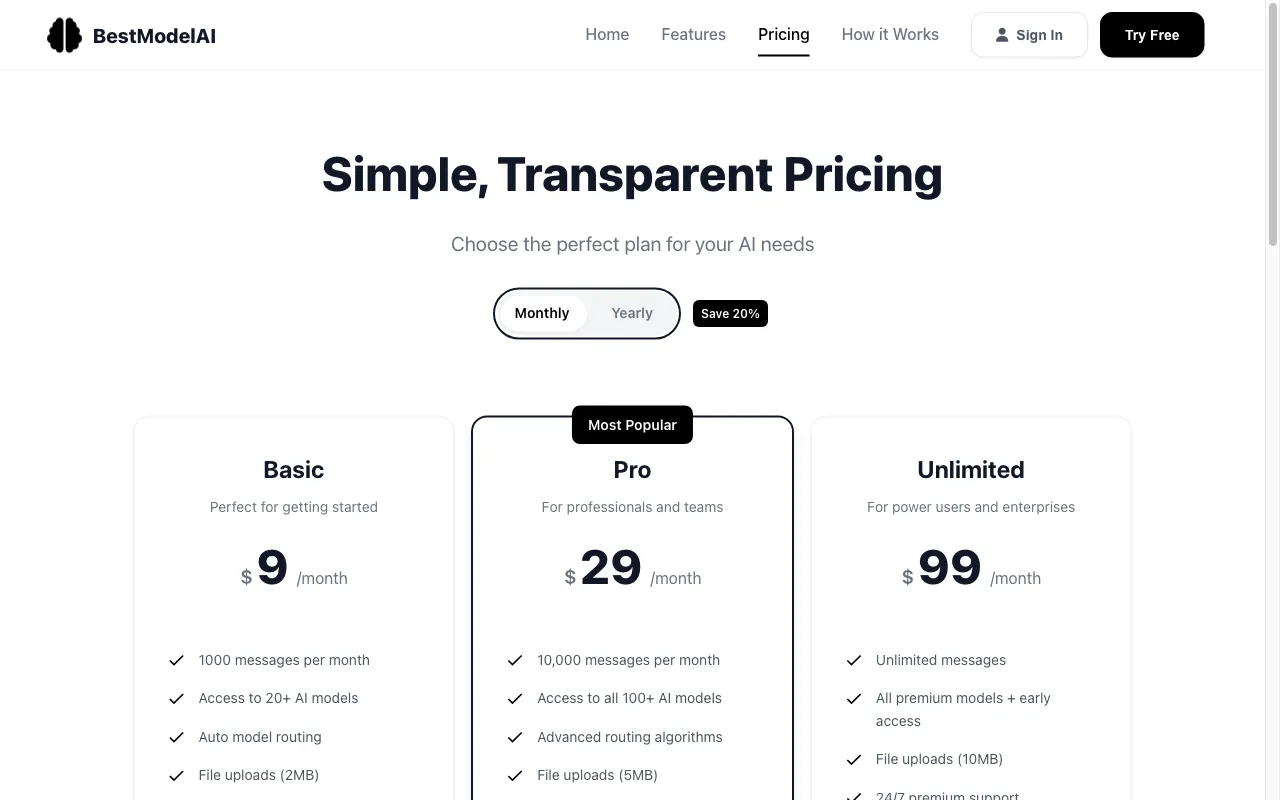 BestModelAI — pricing page
