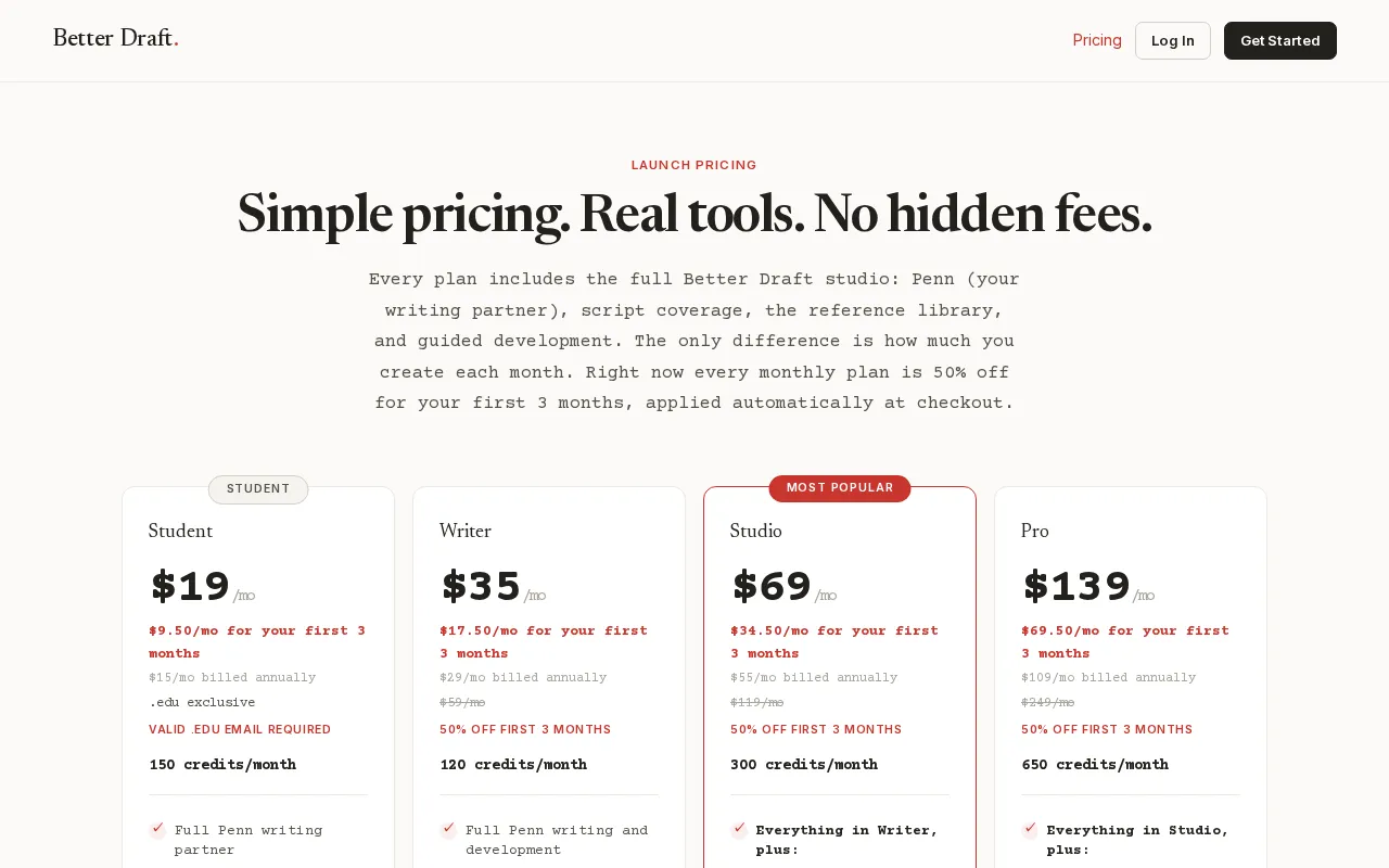 Better Draft — pricing page