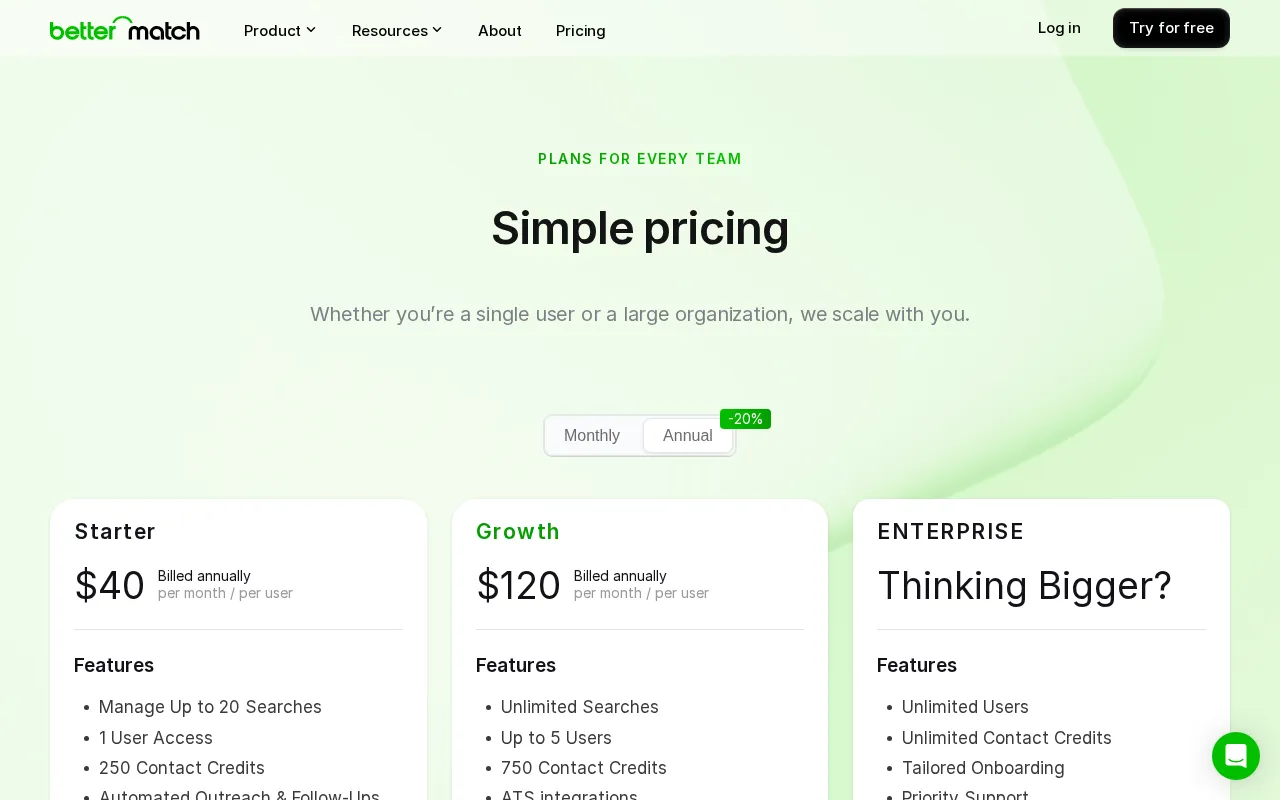 Better Match — pricing page