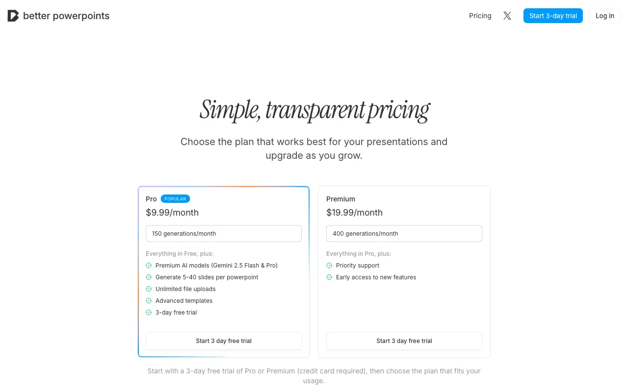 Better Powerpoints — pricing page