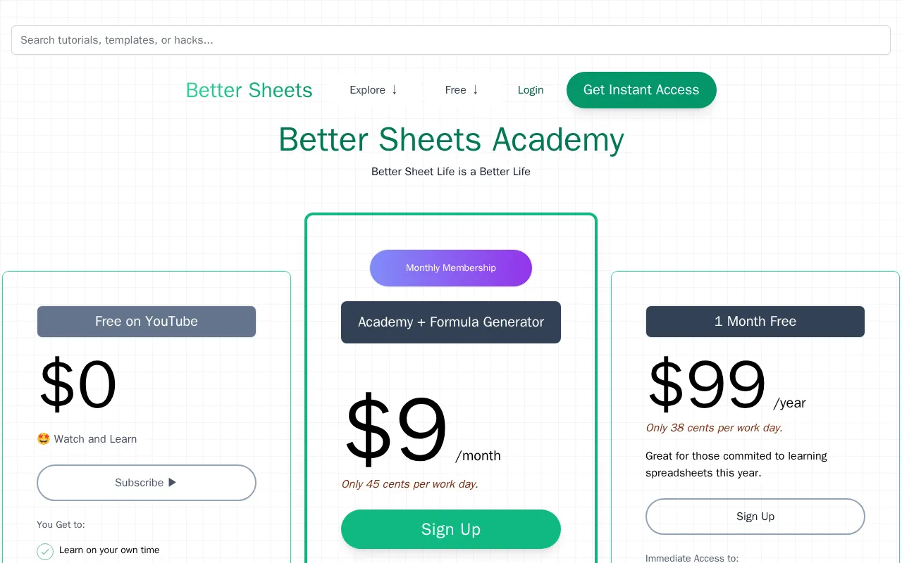 Better Sheets — pricing page