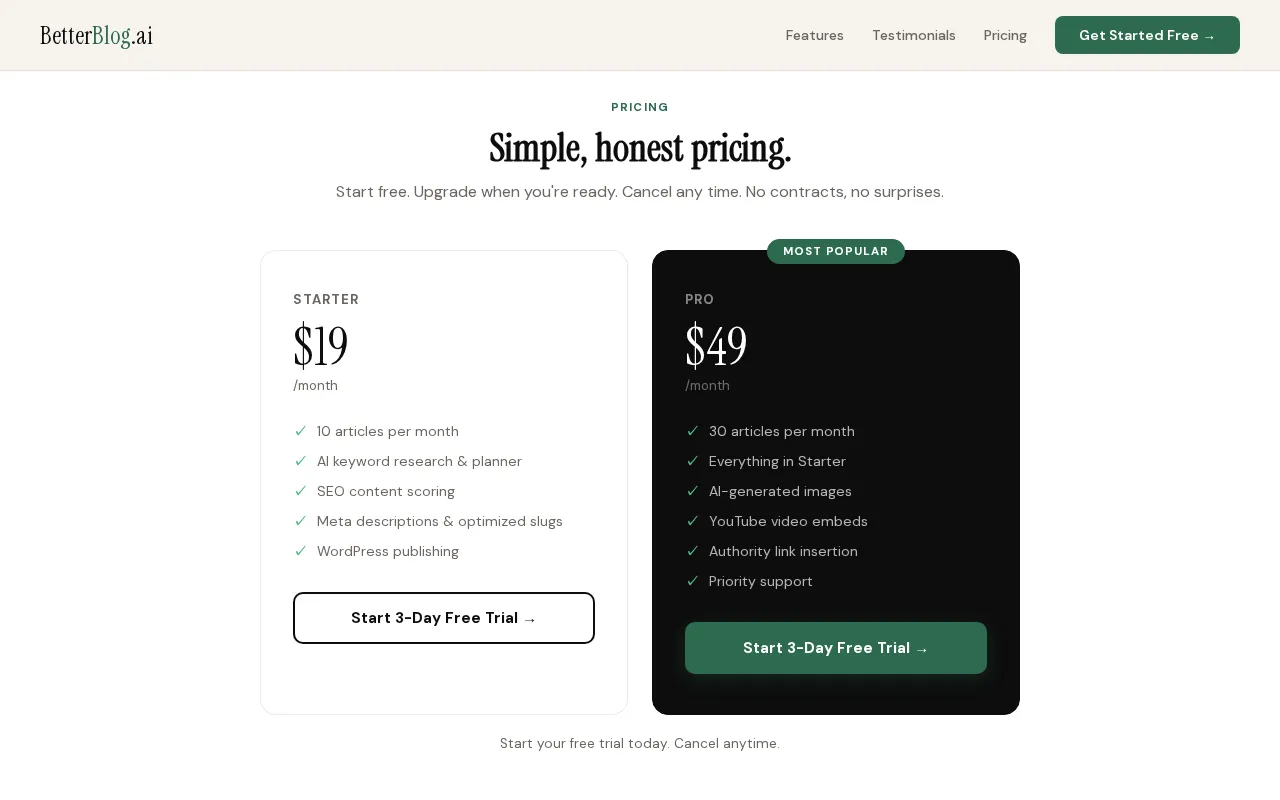 BetterBlog.ai — pricing page