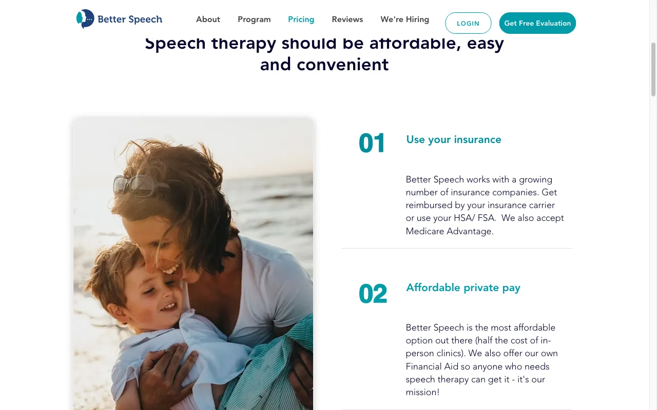 Better Speech Online Speech Therapy — pricing page
