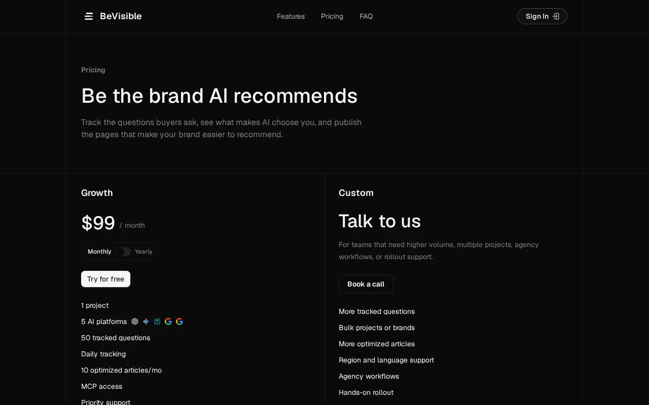 BeVisible — pricing page