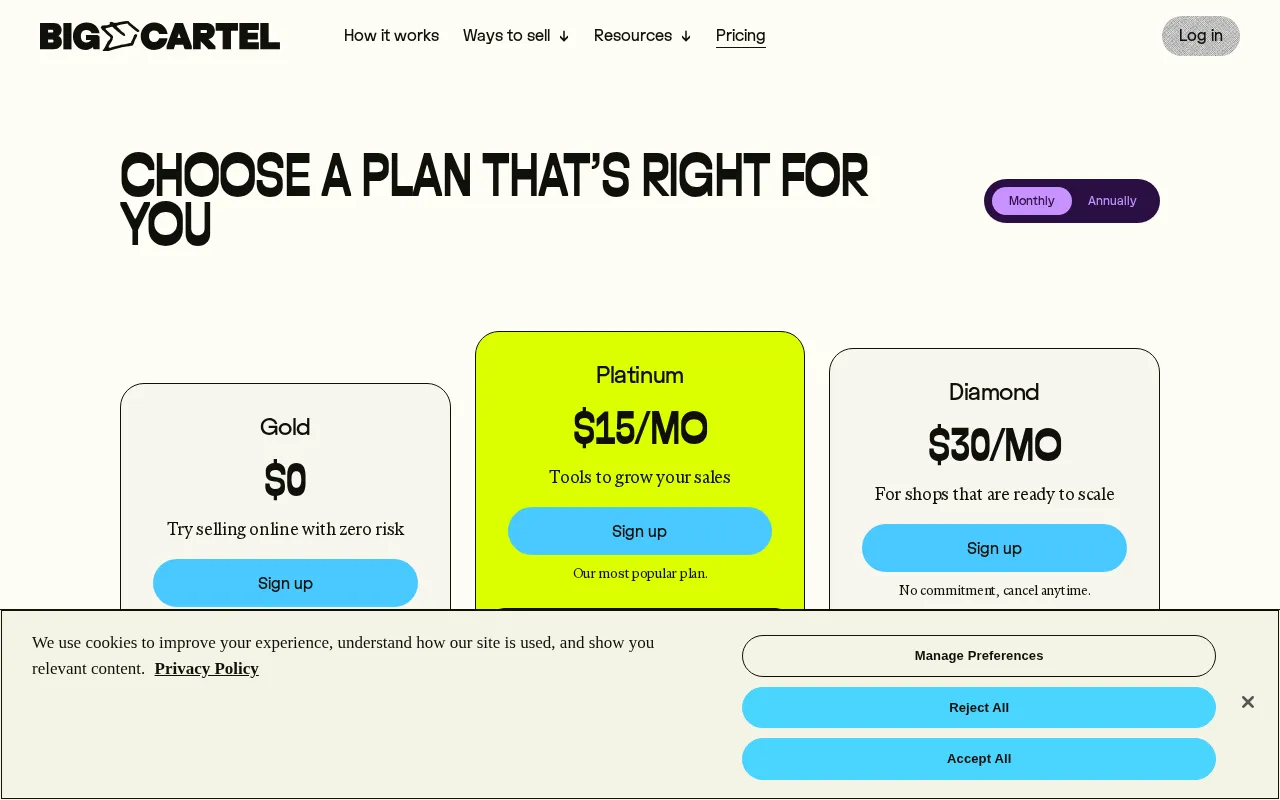 Big Cartel — pricing page
