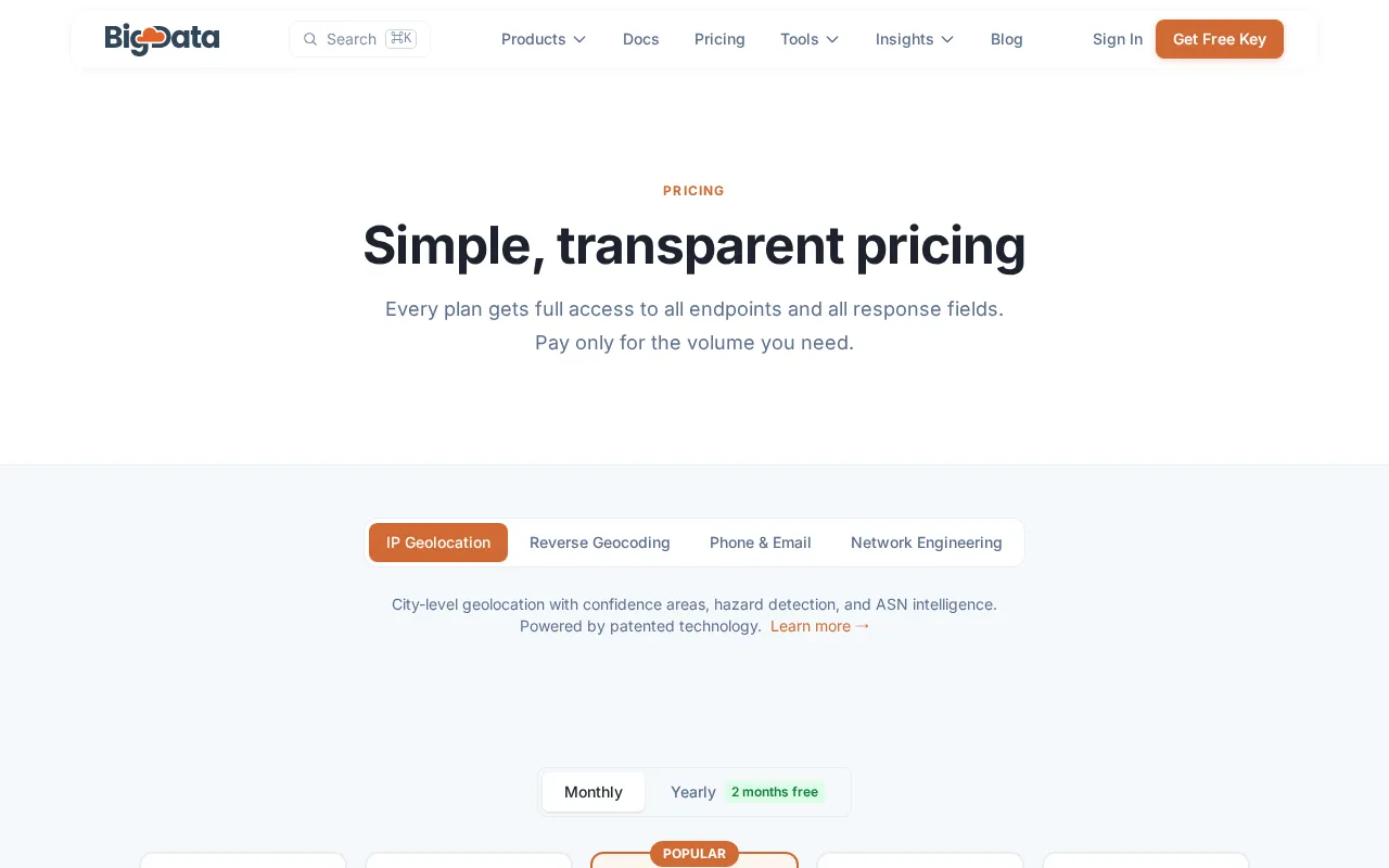 Bigdatacloud — pricing page