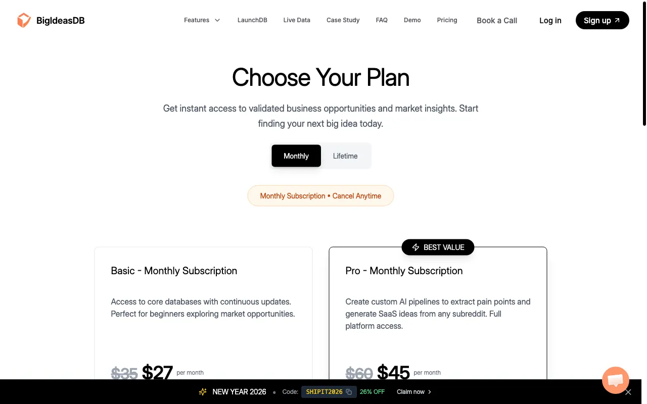 BigIdeasDB — pricing page